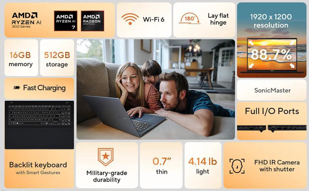 Asus VivoBook 16" Copilot+ PC Laptop AMD Ryzen AI 7 350 16GB DDR5 Memory 512GB PCIE SSD Windows 11 Home
